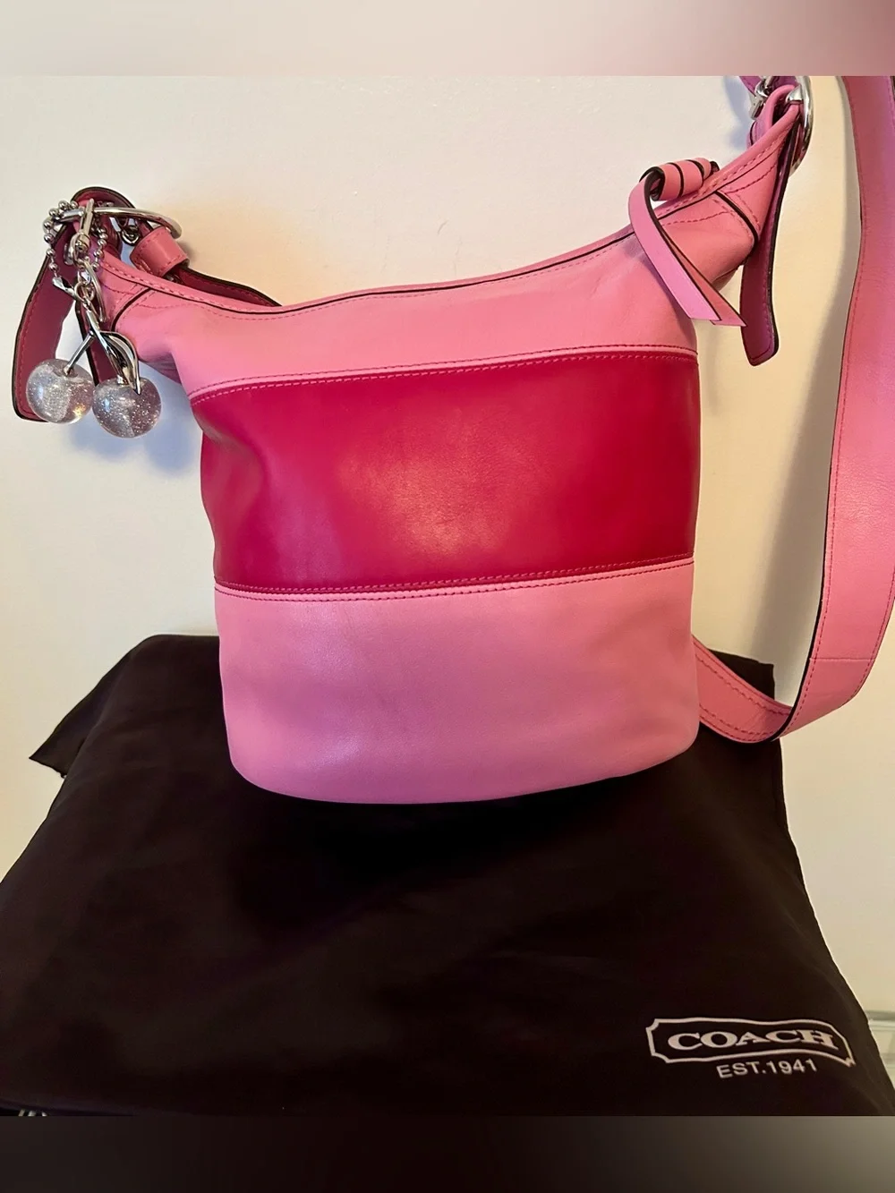 COACH Alternating Pink Leather Rugby Stripes Bleeker duffle crossbody. RARE!